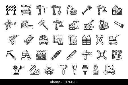 Bausymbole Set – Baugewerbeetikett, Tiefbau-Stempel und Hochleistungs-Werkzeuge Vektorpaket Stock Vektor