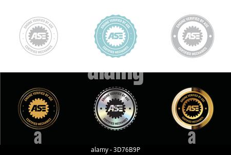 Motor verifiziert durch ASE Certified Mechanics Symbol, Stempel, Dichtung, Symbol und Logo in minimalem, goldenem, silbernem Design Vektor Stock Vektor