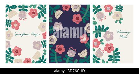 Karten-Set mit Frühlingsblumen. Buntstift Blumen mit Blättern. Strukturierte Handgezeichnete Kreidezeichnungen. Poster mit isolierten, blühenden Kompositionsmustern für vertikale Frames. Stock Vektor