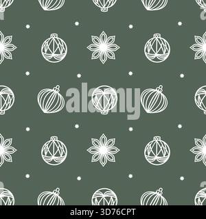 Nahtloses Weihnachtsmuster mit Kugeln und Schneeflocken auf dunklem Hintergrund. Hand gezeichnete Vektor Pastelllinie Kunst Illustration für Neujahrspackung, t Stock Vektor