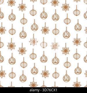 Nahtloses Weihnachtsmuster mit goldenen Kugeln und Schneeflocken. Hand gezeichnete Vektor Pastelllinie Kunst Illustration für Neujahrspackung, Textilien und Co Stock Vektor