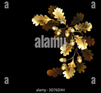 Halbrunder Rahmen in Form von gebogenem, goldenem Schmuck, glänzendem Eichenzweig mit Blättern und Eicheln aus funkelndem, edlem Gold auf schwarzem Hintergrund Stock Vektor