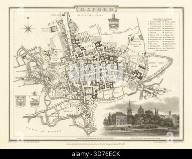 Stadtplan von Oxford mit antiken Gravuren von George Cole & John Roper 1810 Stockfoto