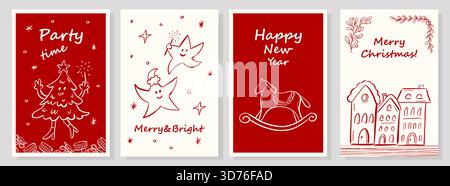 Sammlung von vier süßen Weihnachts- und Neujahrsgrußkarten mit rotem und cremefarbenem Hintergrund, handgezeichnetem Doodle-Baum, Sternen, Schaukelpferd und Häusern, Stock Vektor