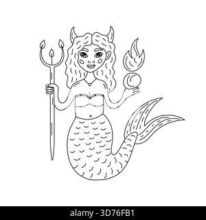 Schwarz-weißes Fantasy Meerjungfrau Mädchen mit Teufelshörnern, die Dreizack halten und magischen Feuerball, niedliche Doodle Line Art Charakter zum Ausmalen von Seiten, Tattoo, PR Stock Vektor