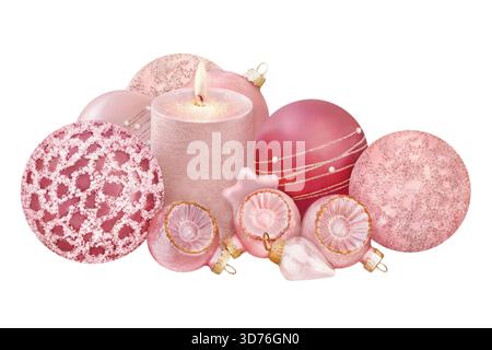 Weihnachtsdekorationen mit Kugeln und Kerze Palisander und Roségold isoliert auf weißem Hintergrund Stockfoto