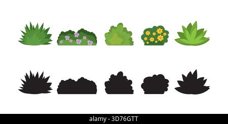 Set aus Cartoon-Büschen in flacher Ausführung. Sammlung grüner Pflanzen und schwarzer Silhouetten, isoliert auf weißem Hintergrund. Elemente der natürlichen Flora. Anders Stock Vektor