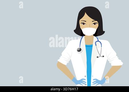 Cartoon weibliche Ärztin oder Krankenschwester Nahaufnahme. Beauty-asiatischer Arzt in Uniform, Schutzmaske und Handschuhen. Frauenfigur im weißen Mantel. Horizontal Stock Vektor