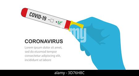Geben Sie das Teströhrchen mit Blutprobe für den COVID-19-Test in einen medizinischen Schutzhandschuh. Coronavirus-Test positives Ergebnis. Gesundheitskonzept isoliert Stock Vektor