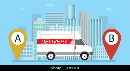Cartoon-Lieferwagen auf Wolkenkratzer-Hintergrund. Banner für das Konzept der schnellen Lieferung. Große Navigationspunkte. Kurierfahrzeug auf der Straße. Flat Vector il Stock Vektor