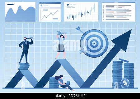 Börsenanalyse. Geschäftsanalysten arbeiten. Hintergrund der Finanzkompetenz. Geschäftsleute handeln auf den Finanzmärkten, Investoren. Gewinn, Revenu Stock Vektor