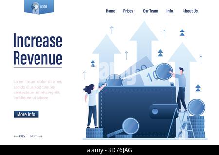 Vorlage für eine Landing-Page für mehr Umsatz. Brieftasche voll mit Geld. Hoher Zinssatz. Steigende Quoten, Kapitalbeschaffung, Investitionsportfolio, Budgetgewinn. Stock Vektor