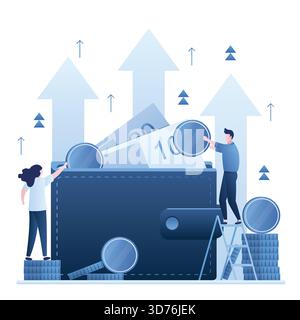 Umsatzkonzept steigern. Brieftasche voll mit Geld. Hoher Zinssatz. Geschäftsleute stecken Geld in die Geldbörse. Steigende Quoten, Kapitalbeschaffung, Investitionshafen Stock Vektor