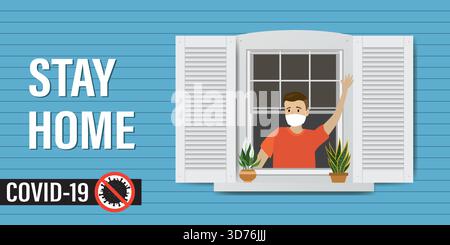 Banner „Bleiben zu Hause“. Gesundheitswesen, Selbstisolierung oder Quarantäne-Konzept. Wand des Hauses mit Fenster. Cartoon-Mann mit Schutzmaske im Gesicht. Covid-19 Stock Vektor