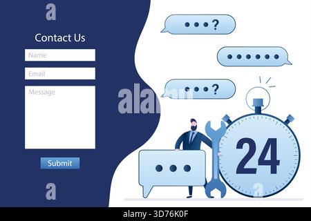 Kontaktformular-Vorlage. Online-Support-Startseite. 24-Stunden-Kundensupport, Chat und Helpdesk-Konzept. Mann Berater oder Assistent, der Speec hält Stock Vektor