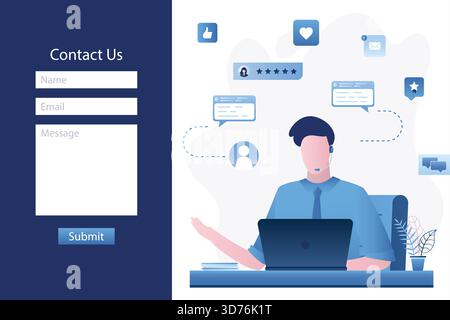 Kontaktformular-Vorlage. Online-Support-Startseite. Kundensupport-, Chat- und Helpdesk-Konzept. Gutaussehender Mann Berater oder Assistent, der mit ihm spricht Stock Vektor