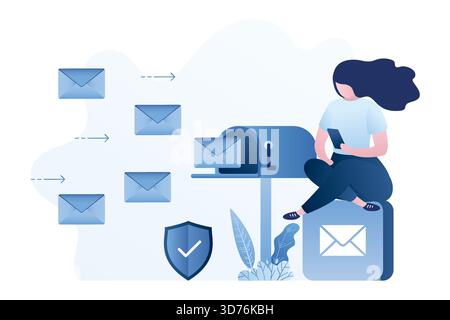 Geschäftsfrau liest E-Mails auf dem Smartphone. Postfach und erhält Briefe. Beauty weibliche Mitarbeiterin erhält E-Mail. Digitales Marketingkonzept. Sicher und schnell Stock Vektor