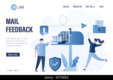 Vorlage für die Landingpage für E-Mail-Feedback. Öffne die Mailbox, man schickt E-Mails. Glückliche Geschäftsfrau erhält Nachricht. Internet-Kommunikation und Feedback. Soziales ch Stock Vektor