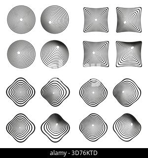 Radiale Linienelemente. 16 einzigartige Formen. Konzentrische Vektorformen. Geometrische optische Kunst. EPS 10. Stock Vektor