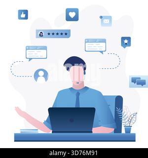 Kundensupport-, Chat- und Helpdesk-Konzept. Gutaussehender Mann Berater oder Assistent, der mit dem Kunden spricht. Männliche Zeichenhilfe. Online-Support, Feedback Stock Vektor