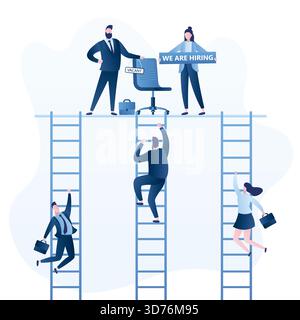 Geschäftsleute stellen ein. Karriereleiter-Konzept. Geschäftsmann-Chef mit Stuhl und leerem Schild. Weibliche Holding Board- wir stellen ein. Banner für Personalbeschaffung. Bus Stock Vektor