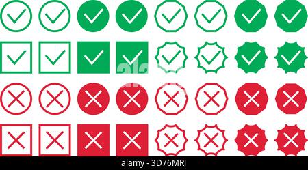 Satz von Kreuz- und Häkchen-Symbolen für die Auswahl von Abstimmungen oder Antworten. Verschiedene Symbole für Untersuchungen, Tests und Fragebögen in Rot und Grün. Universell Stock Vektor