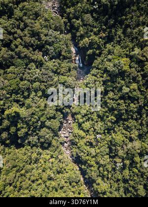 Wunderschöner Blick aus der Luft auf den grünen Regenwald-Wasserfall in Itatiaia Stockfoto