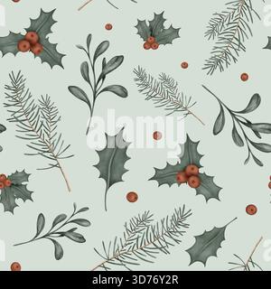Aquarellnahtloses Muster von Zweigen mit weihnachtlichen roten Beeren von Ilex- und Tannenzweigen. Handzeichnung Illustration auf isoliertem Hintergrund Stockfoto