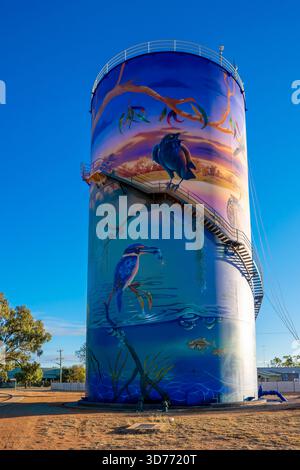 Das Wandgemälde des Nyngan Wasserturms wurde von dem australischen Wandkünstler @krimsone (Scott Nagy) gemalt. Mit 27 m Höhe und 1200 m2 insgesamt ist seine Schöpfung bisher Stockfoto