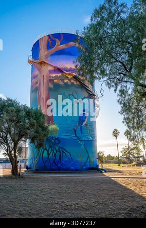 Das Wandgemälde des Nyngan Wasserturms wurde von dem australischen Wandkünstler @krimsone (Scott Nagy) gemalt. Mit 27 m Höhe und 1200 m2 insgesamt ist seine Schöpfung bisher Stockfoto