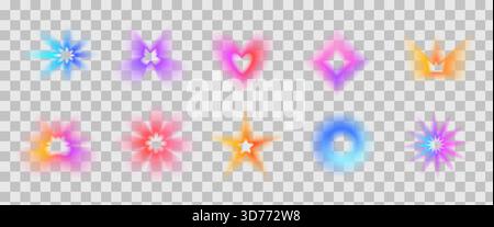Set mit verschwommenen y2k-Symbolen. Herz mit Verlaufsverlauf, Schmetterlingsblumen-Set. Leuchtende Aura Regenbogenformen. Einfache Collage Neon-bunte Figuren. Vektor f Stock Vektor
