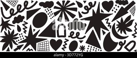 Handgezeichnete abstrakte geometrische Kritzelformen. Silhouettengeometrien, Sterne, Pfeilelemente. Kritzeln Sie Collage-Papieraufkleber. Vektordreiecke, hören Stock Vektor