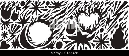 Feuerball, verbranntes Herz Rahmen Silhouette Punk Rock Kritzeleien. Scribble Flammen Symbole Schwarzes Papier Ausschnitt Muster Set. Hintergrund der Lagerfeuer-Aufkleber-Collage. Stock Vektor