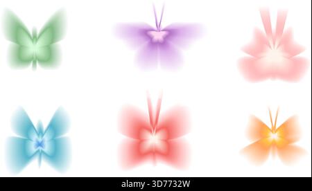 Farbenfrohe y2k-Schmetterlingssymbole mit Farbverlauf und lebendigem Aura-Effekt. Rosafarbene, grüne und lila Insektensymbole für Sommer-Design. Vektorsatz von Minim Stock Vektor