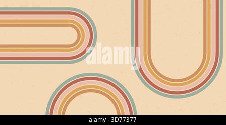 Groovige Regenbogenlinien Pfadhintergrund. Horizontales Retro-Banner mit abstraktem Muster im Bogenboho-Streifen. Vektor Vintage gebogene Unterstreichung geometrische Rückseite Stock Vektor