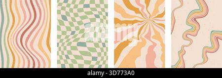 Groovige, ungleichmäßige Regenbogenlinien, Schachbrettgrafik-Hintergründe. Die Kollektion ist mit gewelltem Swirl-Starburst und Streifen in Vintage-Farben bedeckt. Vektor-Retro-wigg Stock Vektor