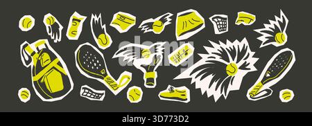 Padel-Tennispapier-Aufkleberset. Schläger, Ball, Sporttuch handgezeichnete Collage-Symbole isoliert auf dunklem Hintergrund. Scribble Sportausrüstung Cutou Stock Vektor