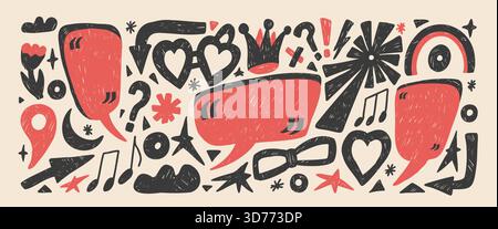 Flippige Kritzelkreide. Textfeld-Design-Nachrichten für den Rahmen. Aufkleber mit Wolken und Anführungszeichen mit Notennotiz, Herz. Handgezeichnetes Doodl Stock Vektor
