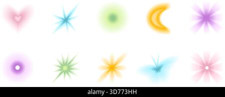 Transparenter Verlauf, Unschärfe, Herz, Sternformen. Aura Soft Unschärfe-Effekt und Y2K-Ästhetik. Geometrische Elemente mit Netzübergängen, Aura butterfl Stock Vektor