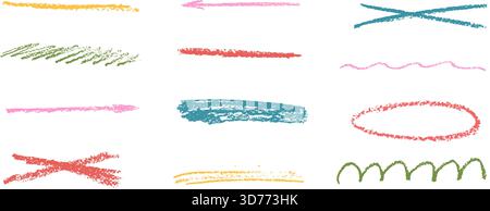 Handgezeichneter Text hervorgehoben. Unterstreichen Buntstift-Set. Strukturierter gerader Streifen mit Grunge-Elementen. Bleistiftpinsel Strichlinien. Vektor-Crayo Stock Vektor