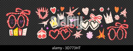 Collage romantischer Ausschnitt kritzelt Elemente. Herzpaare Medaillen. Handgezeichnetes Textur Feuerherz, Collage Papier ausgeschnittene Krone, Kirschstern Set. Scrapboo Stock Vektor