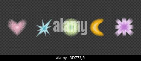 Gradientenherz, Sternformen. Lärmabstufung gepunkteter Kreis, Mondfiguren. Genarbte Elemente in trendigem Y2K-Design mit Rastereffekten und lebendigem geomet Stock Vektor