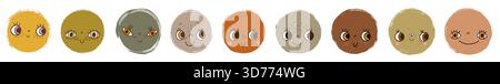 Nette schrullige runde Zeichentrickgesichter, lustige abstrakte Vektorfiguren mit Mündern und Augen, handgezeichnete Kritzelformen mit rauen Kanten in neutralem Erd br Stock Vektor