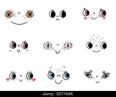 Vektor-Kritzelei-Zeichentricklinie Gesichter mit bunten Augen und lustigen Ausdrücken, niedliche Illustrationen für Grafikdesign Stock Vektor