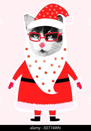 Lustige Weihnachtsmann Katze mit Brille, Weihnachtscollage Illustration für geheime Weihnachtsmann Designs und Poster Stock Vektor