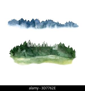 Aquarellillustration einer entfernten Waldlinie, in tiefblauen und grünen Tönen gemalt. Der weiche Nebel und die gemischten Pinselstriche sorgen für eine ruhige nordische Atmosphäre Stockfoto