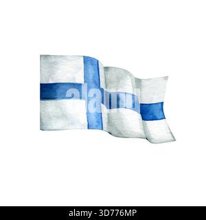 Handgemalte Aquarellabbildung der finnischen Nationalflagge mit einem weichen blauen Kreuz auf hellem Stoff. Die künstlerische Textur sorgt für eine sanfte Note Stockfoto