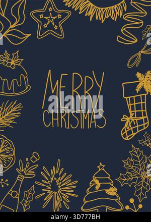 Weihnachtskarte mit goldenen, handgezeichneten Feiertagsymbolen Stock Vektor