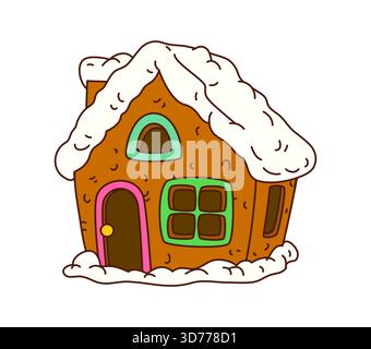 Grooviger Lebkuchenhauskeks mit Glasur an Tür und Fenster. Weihnachtsstimmung im Retro-Stil mit flippigem Cartoon-Marshmallow-Schnee. Lustiger Winter swe Stock Vektor