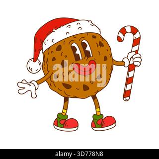 Groovige runde Weihnachtskuchenfigur mit Schokoladenchips und einem lächelnden Gesicht. Ein funkiger Keks in Santa-Hut und Turnschuhen hält Zuckerrohr. Stock Vektor